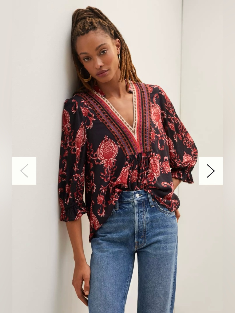 Anthropologie Red Floral V Neck Top